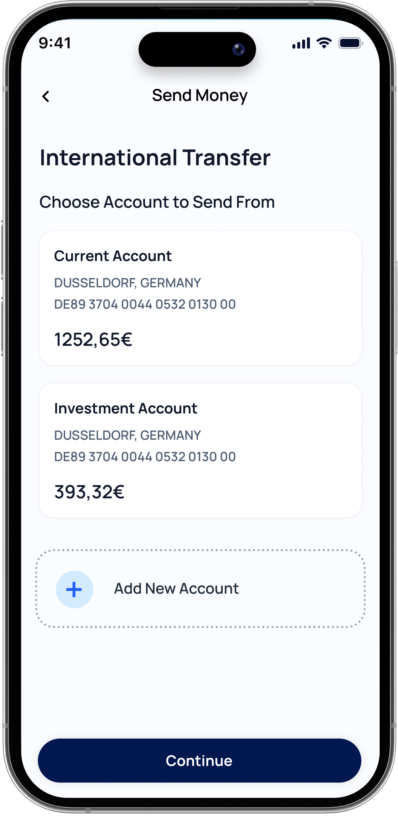 Choose an account for an international transfer