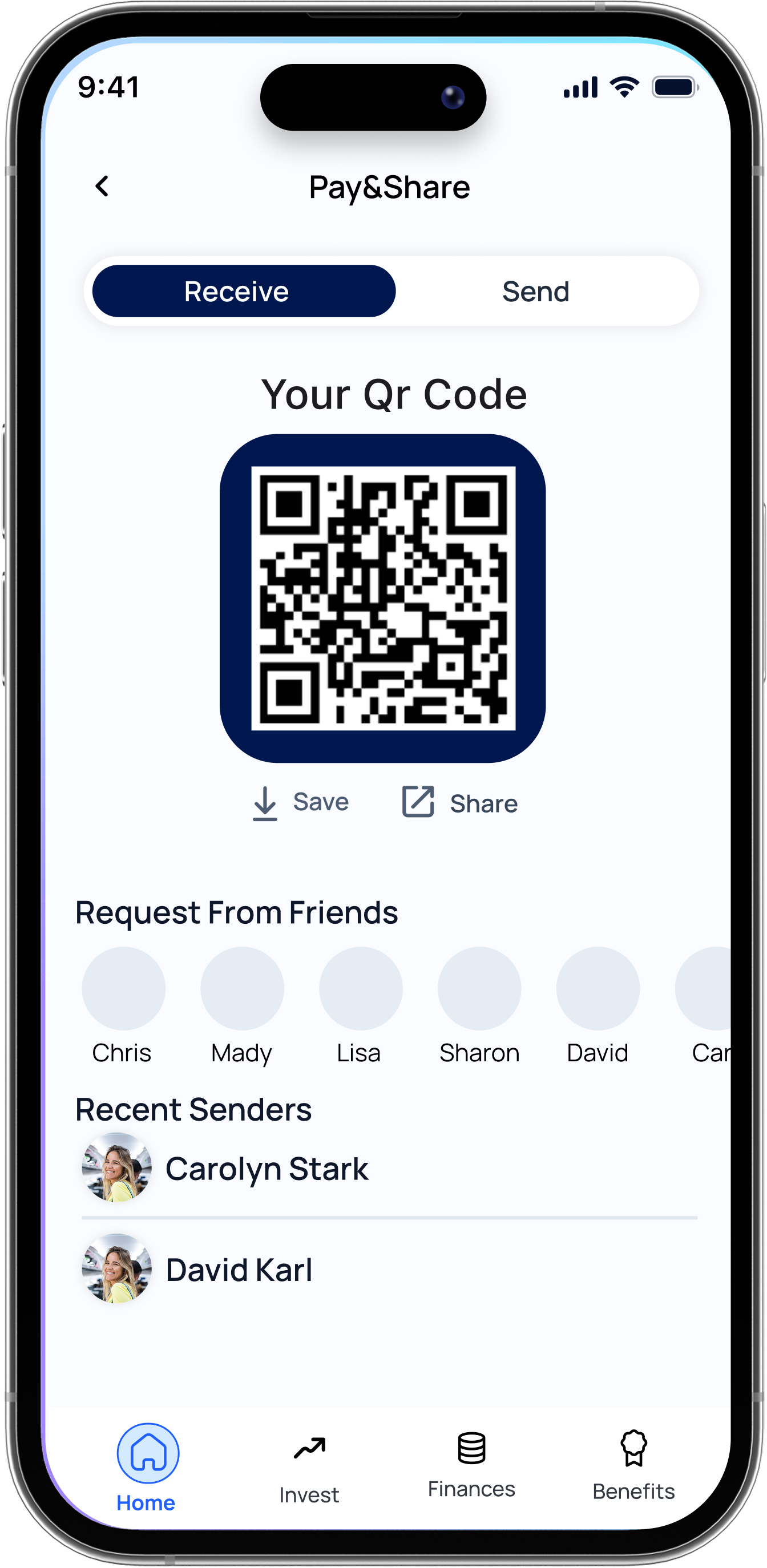 Receive money by contact or QR