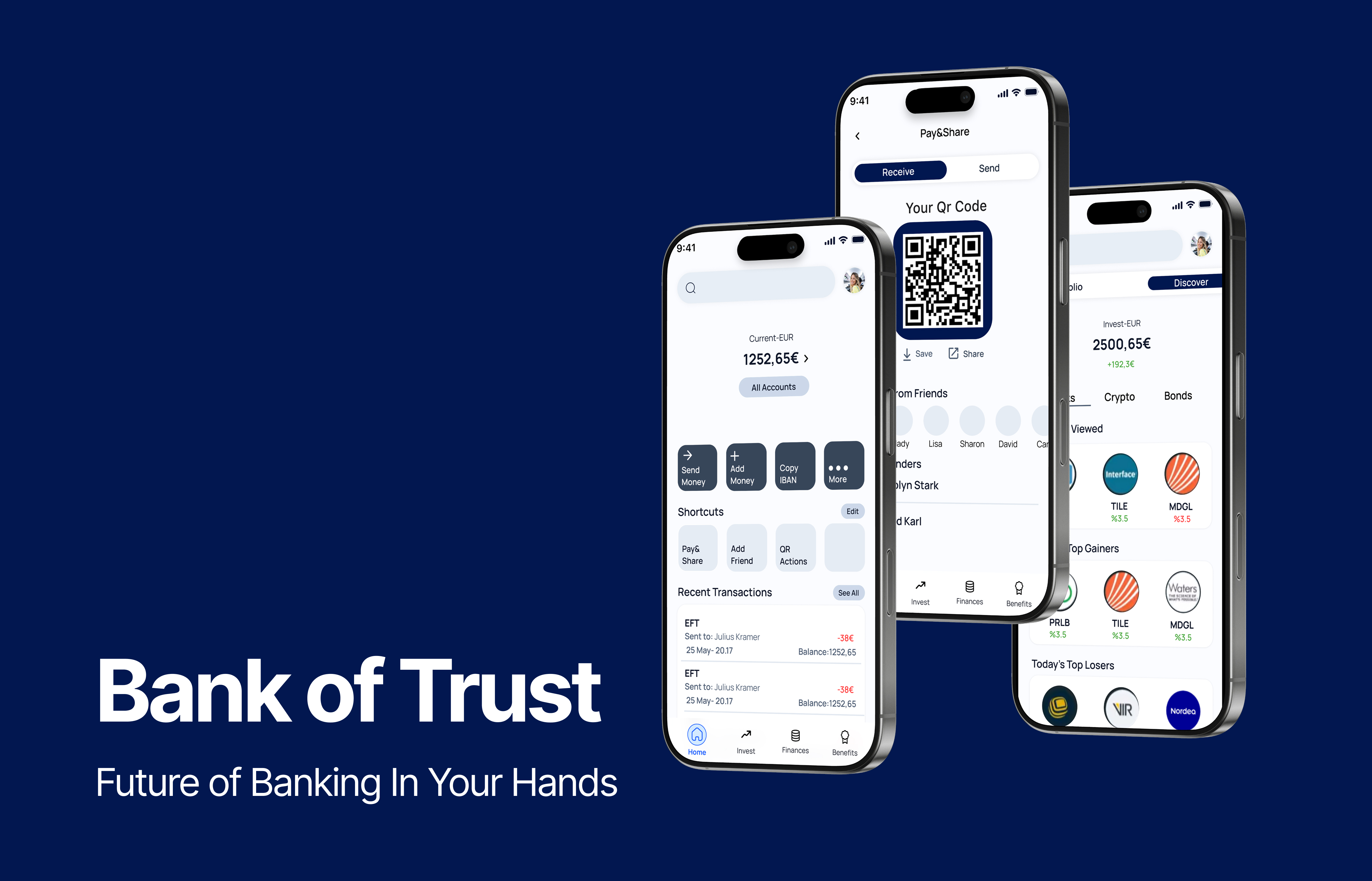Bank of Trust mobile banking interface shown across three phone mockups