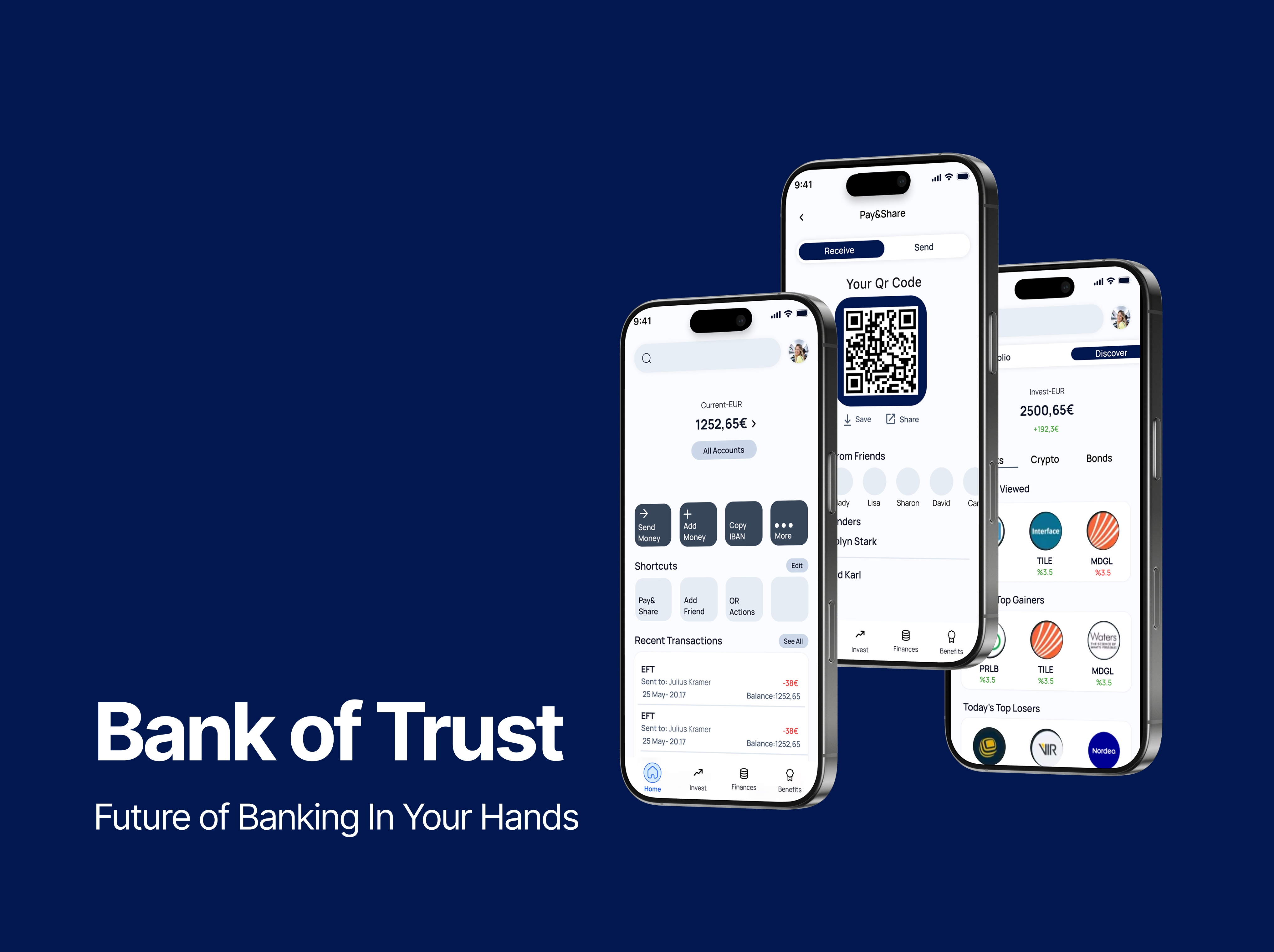 Bank of Trust mobile banking interface shown across three phone mockups