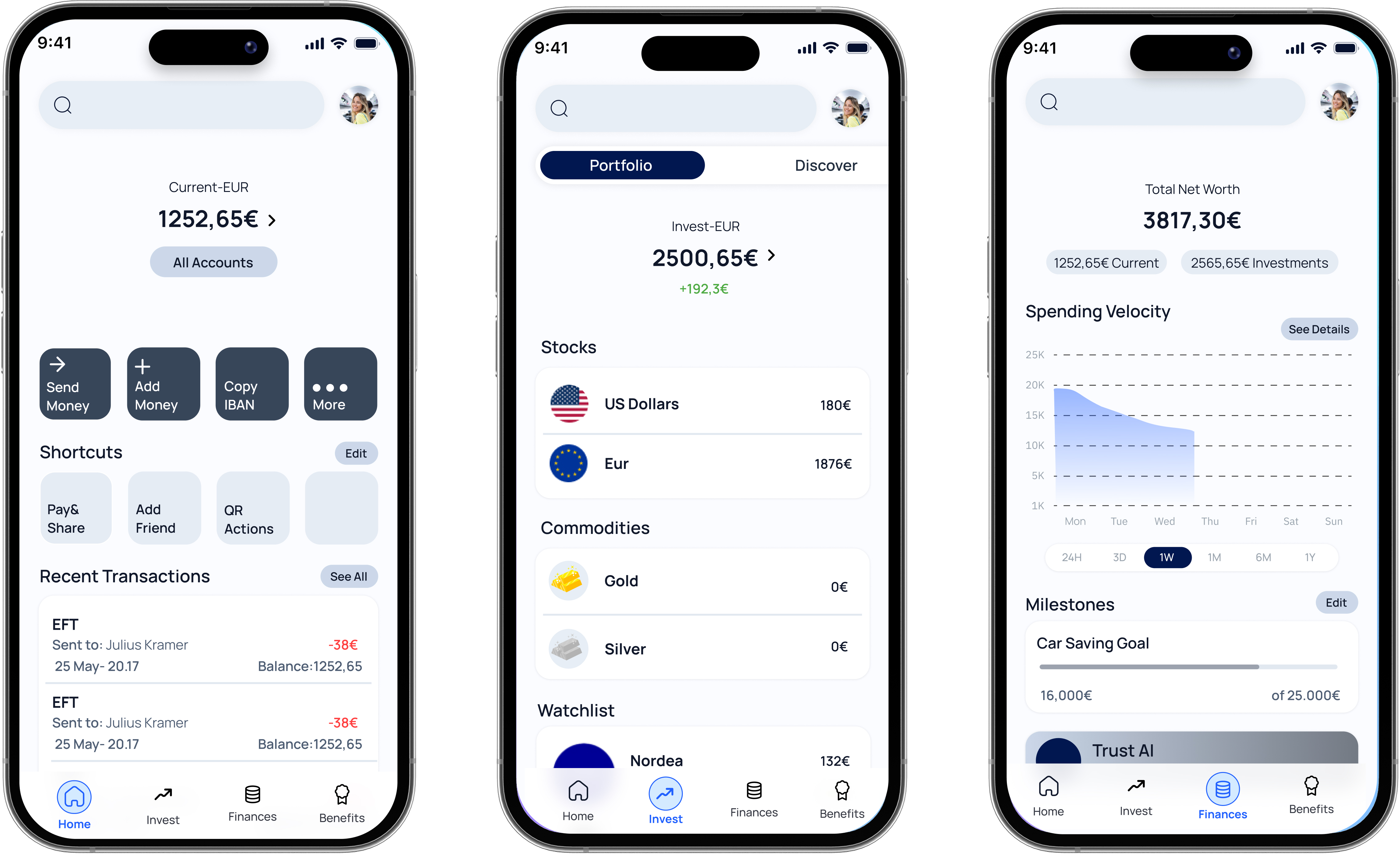 Bank of Trust Dashboard, Invest and Finances screens