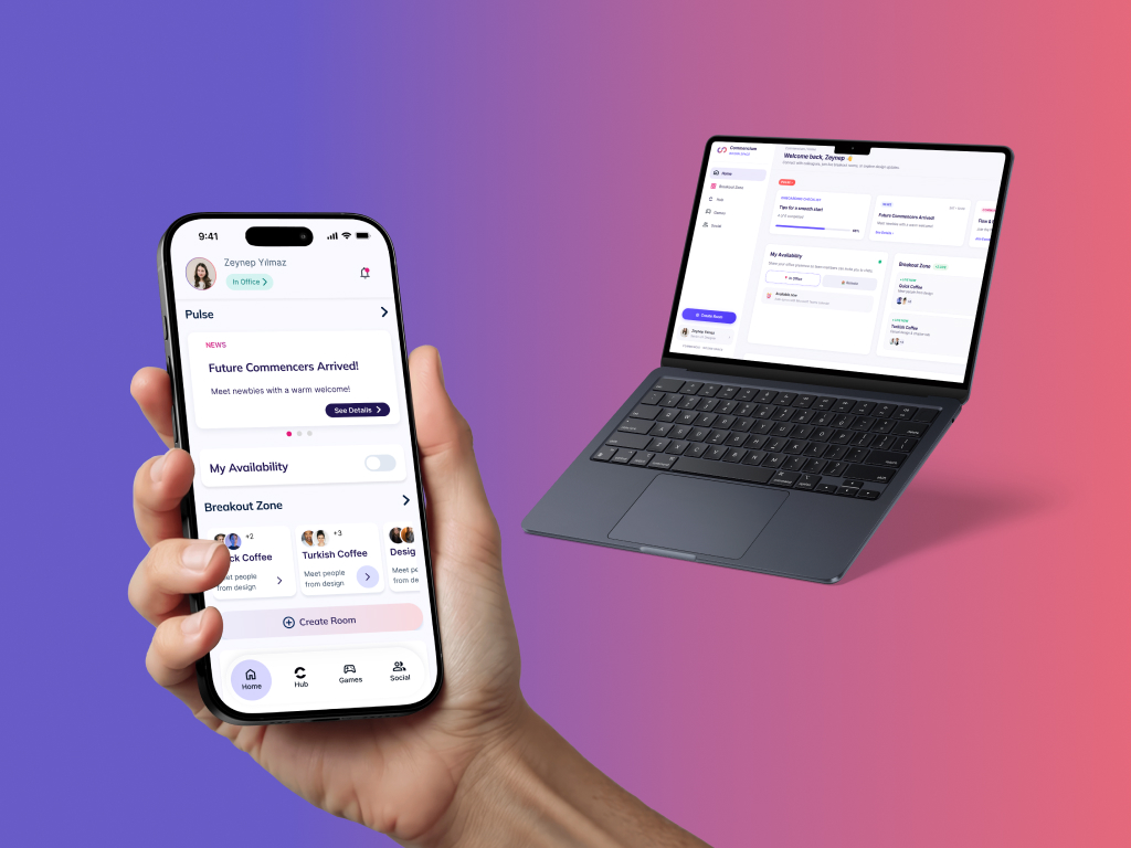 Commencium mobile and desktop experiences on a purple and pink gradient
