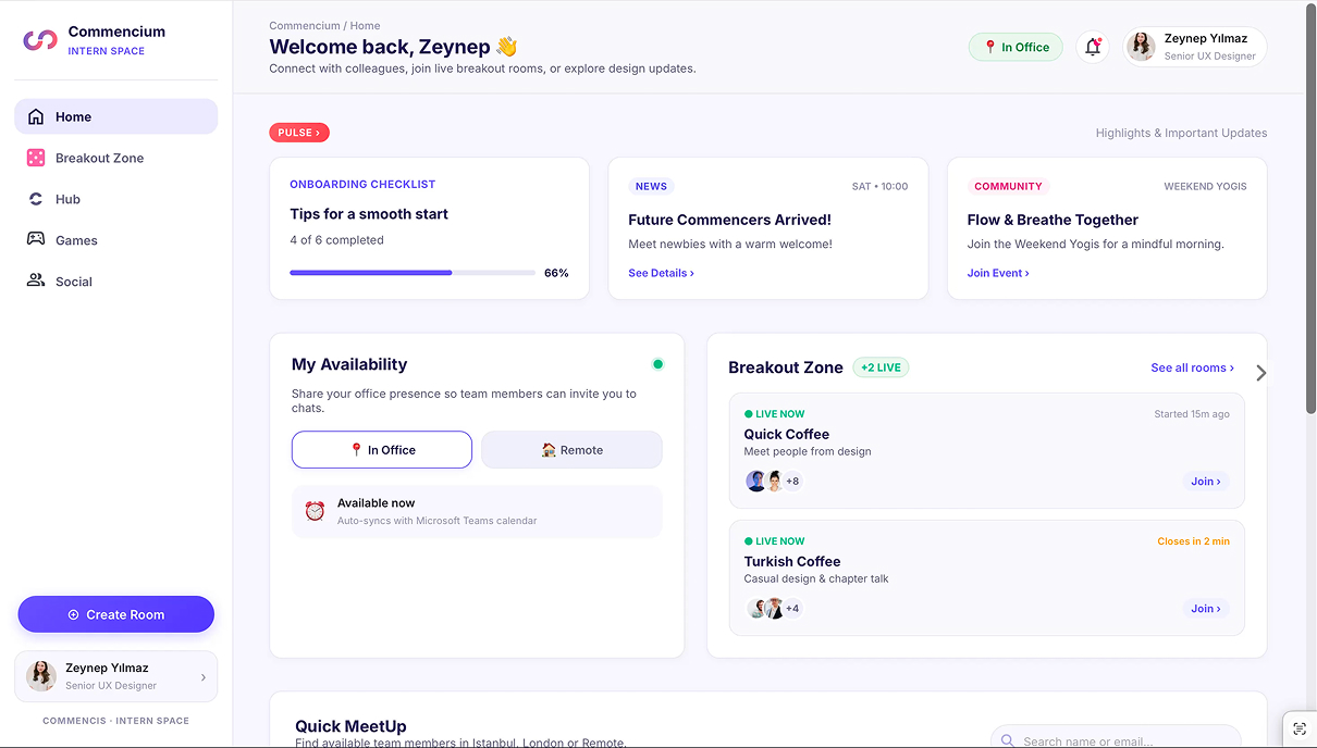 Commencium desktop Home dashboard