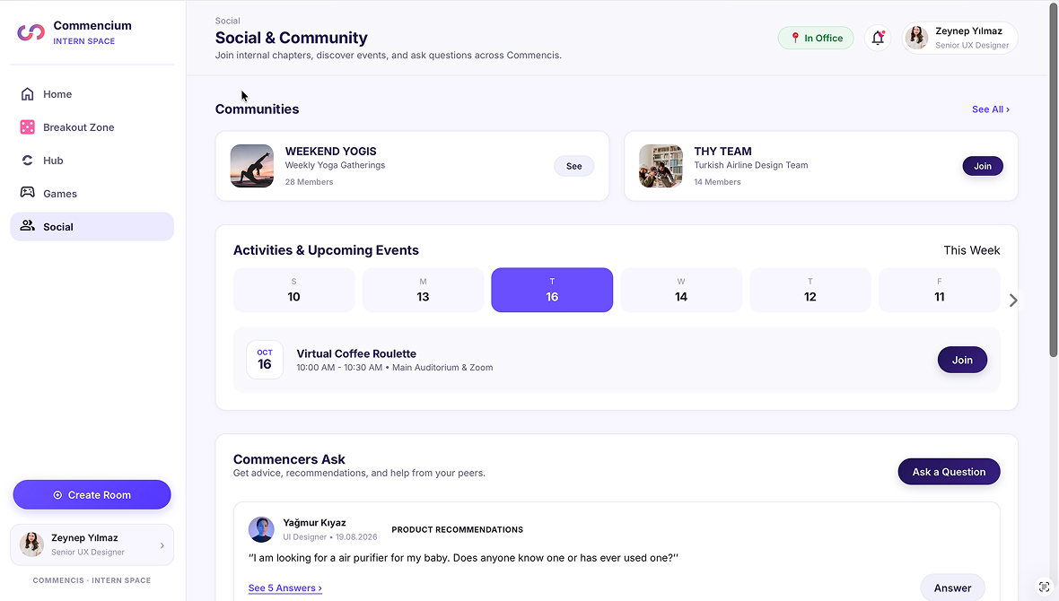 Commencium desktop Social and Community page