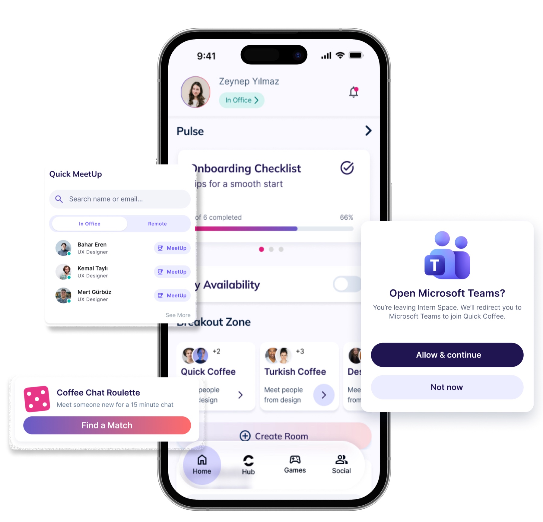 Commencium Home experience with Pulse, onboarding, Quick MeetUp and Teams breakout rooms
