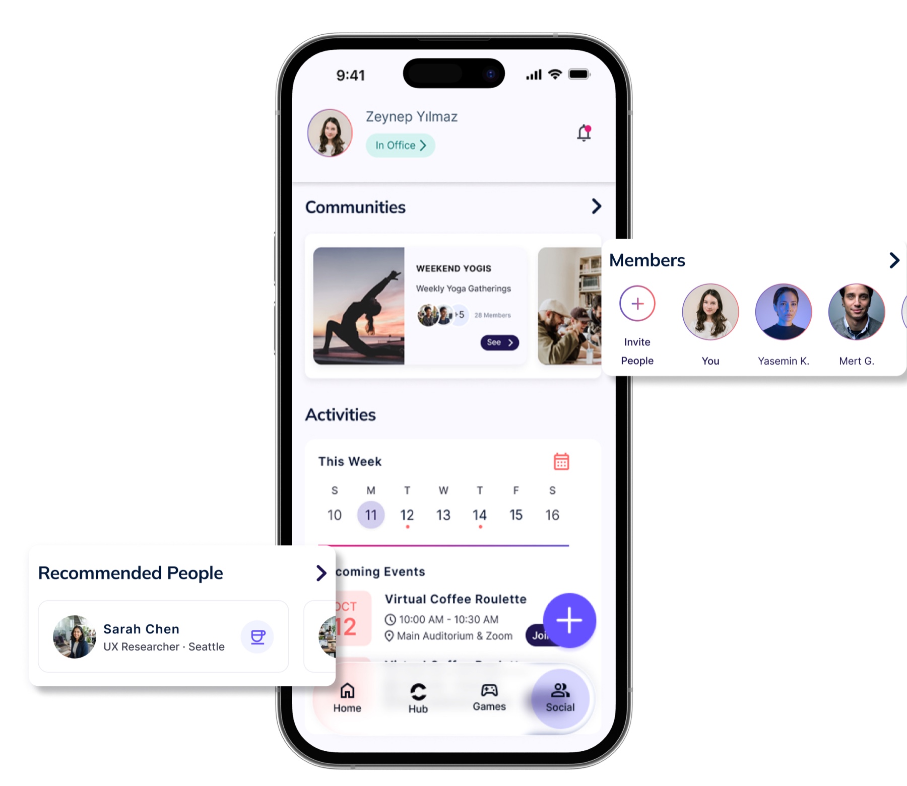 Commencium Social experience with communities, activities, members and recommended people