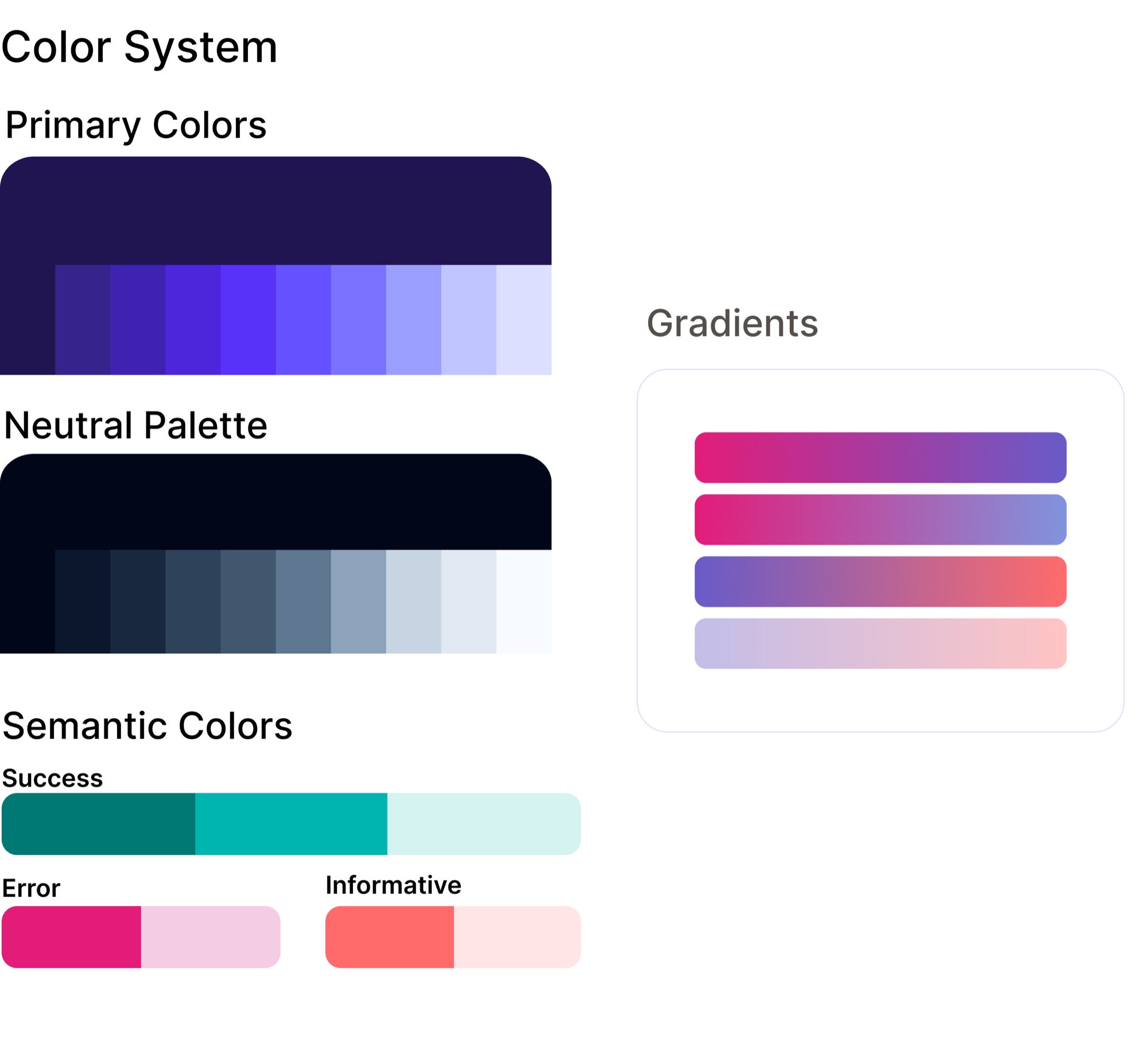 Commencium color system with primary, neutral, semantic and gradient palettes