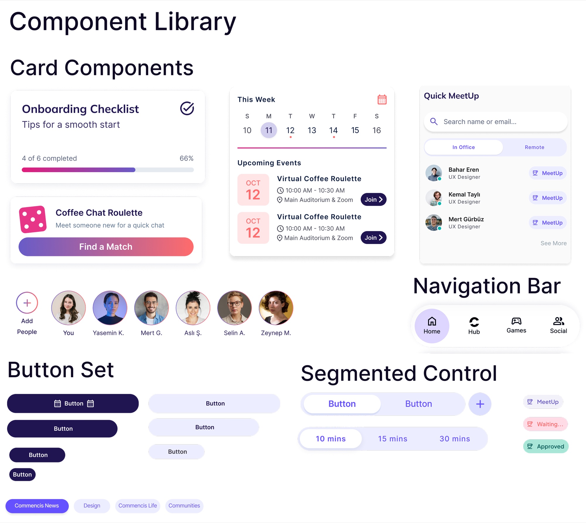 Commencium component library with cards, navigation, buttons and segmented controls
