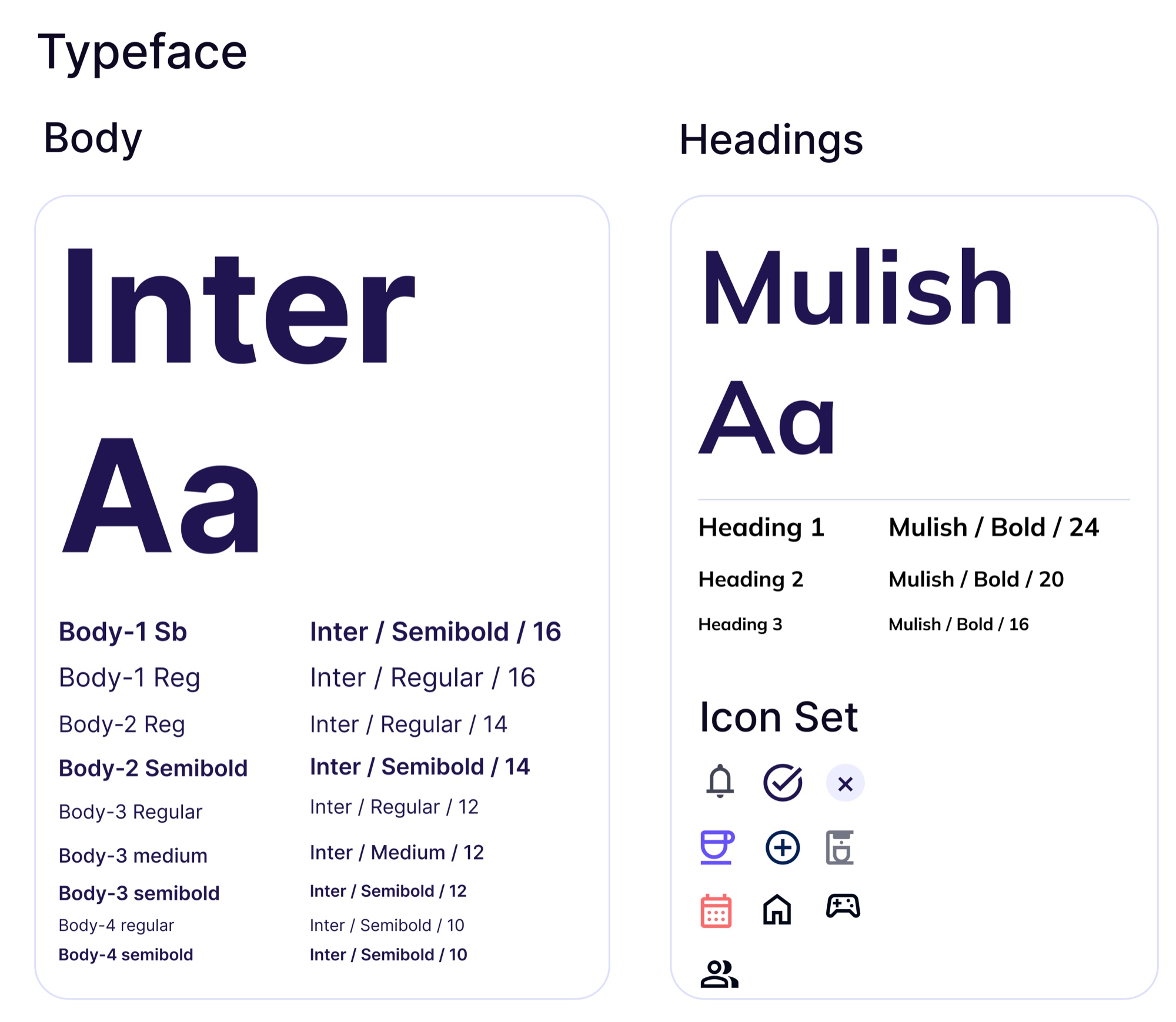 Commencium typography and icon system using Inter and Mulish