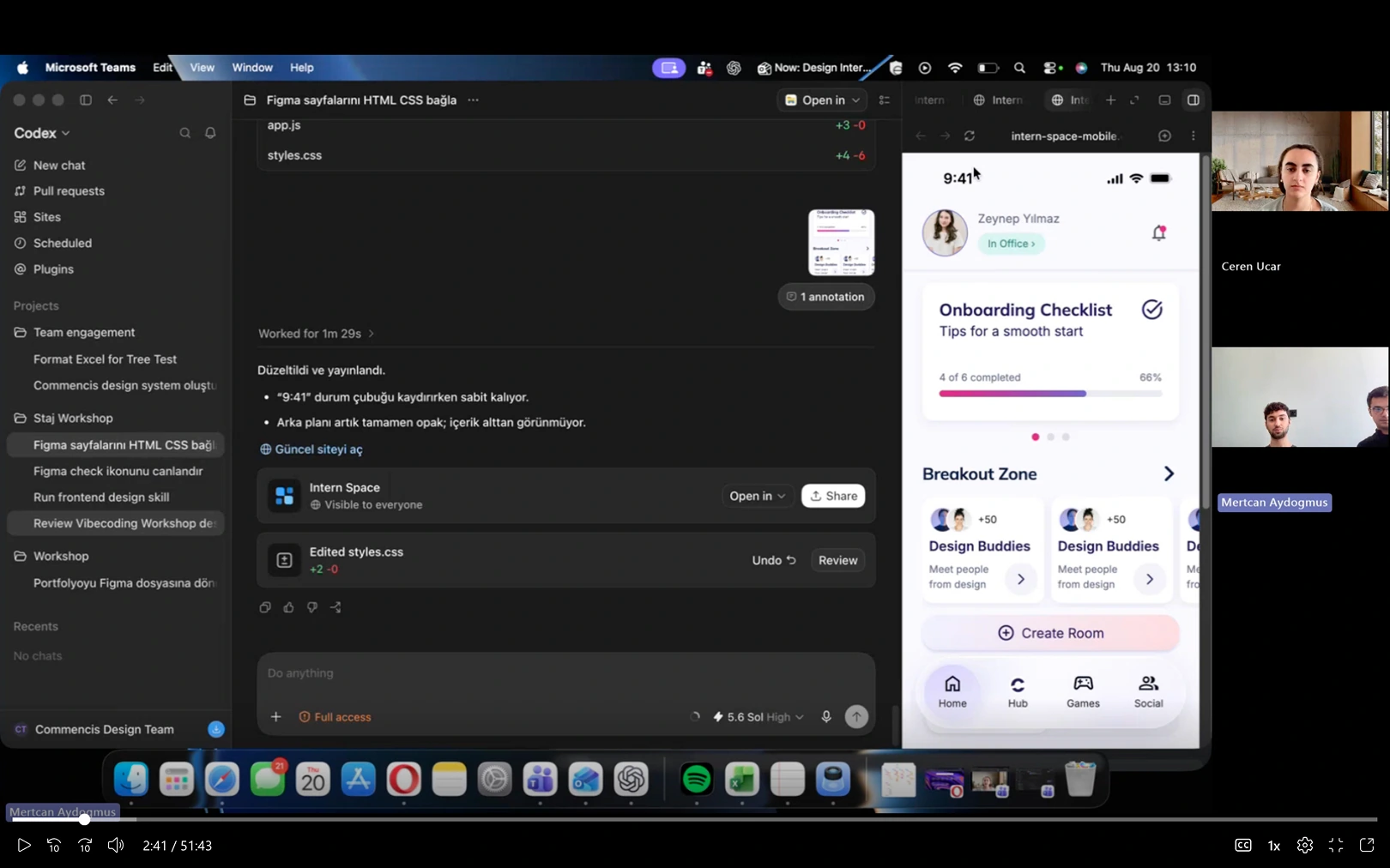 Vibe-coded Commencium prototype reviewed during an online test session