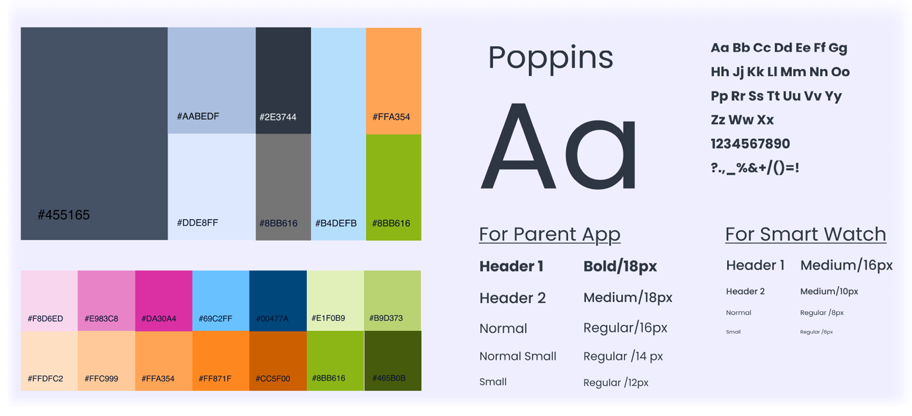 Pingu color system and Poppins typeface