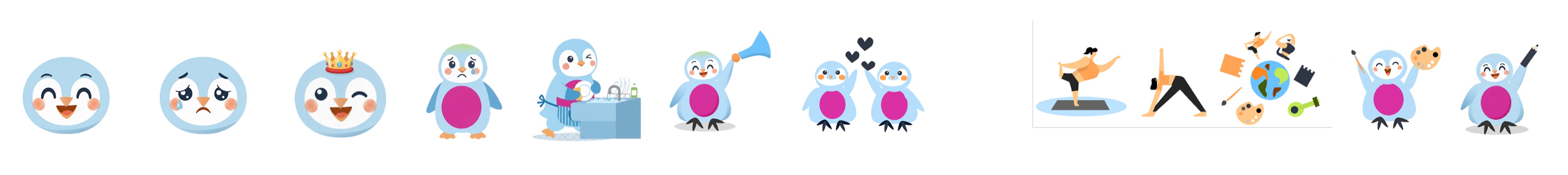 Pingu mascot expressions and activity illustrations