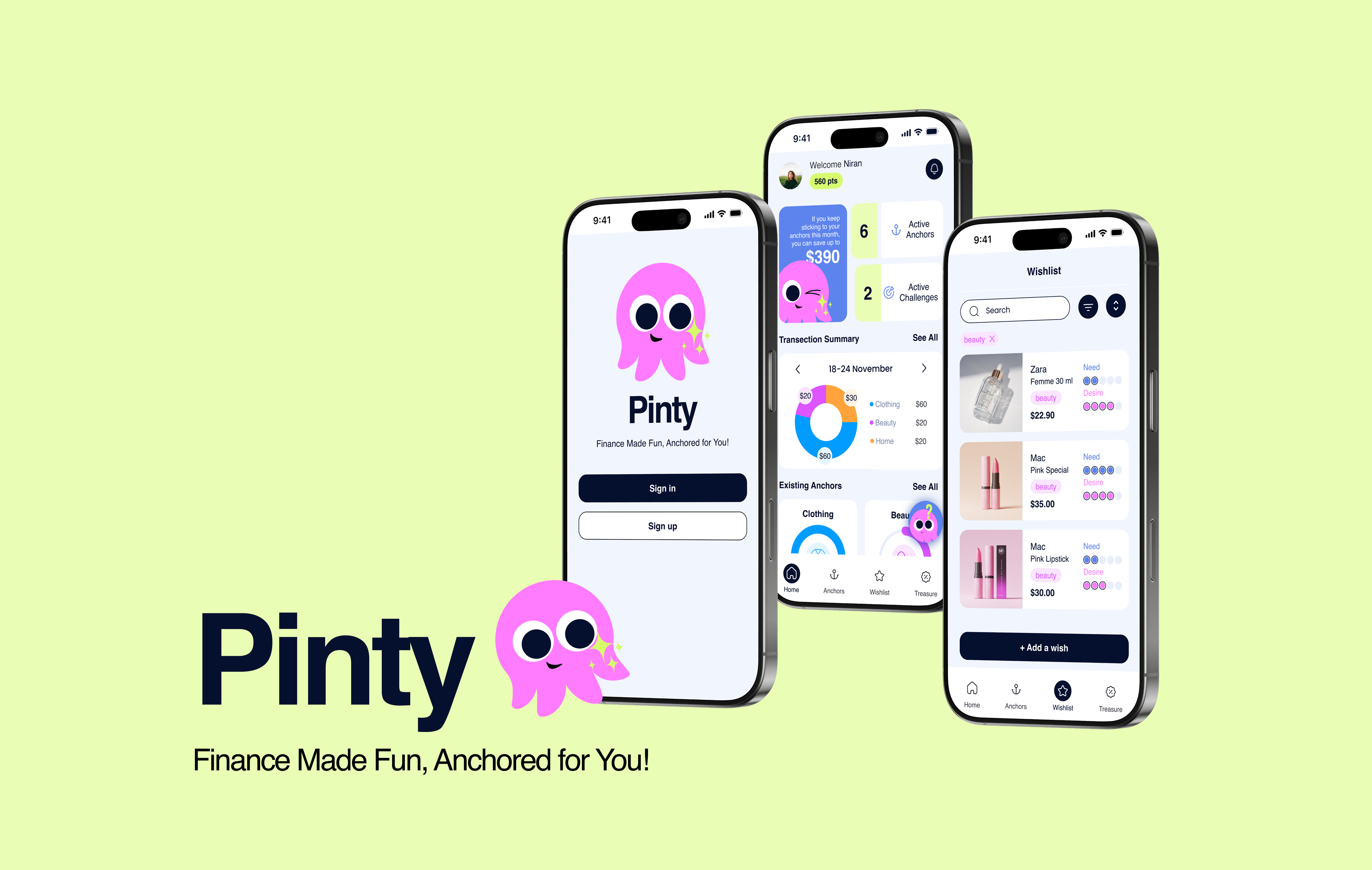 Pinty mobile app presentation with its octopus mascot