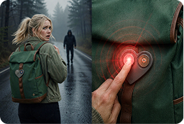 Traveler presses the red emergency button on the Stitch charm