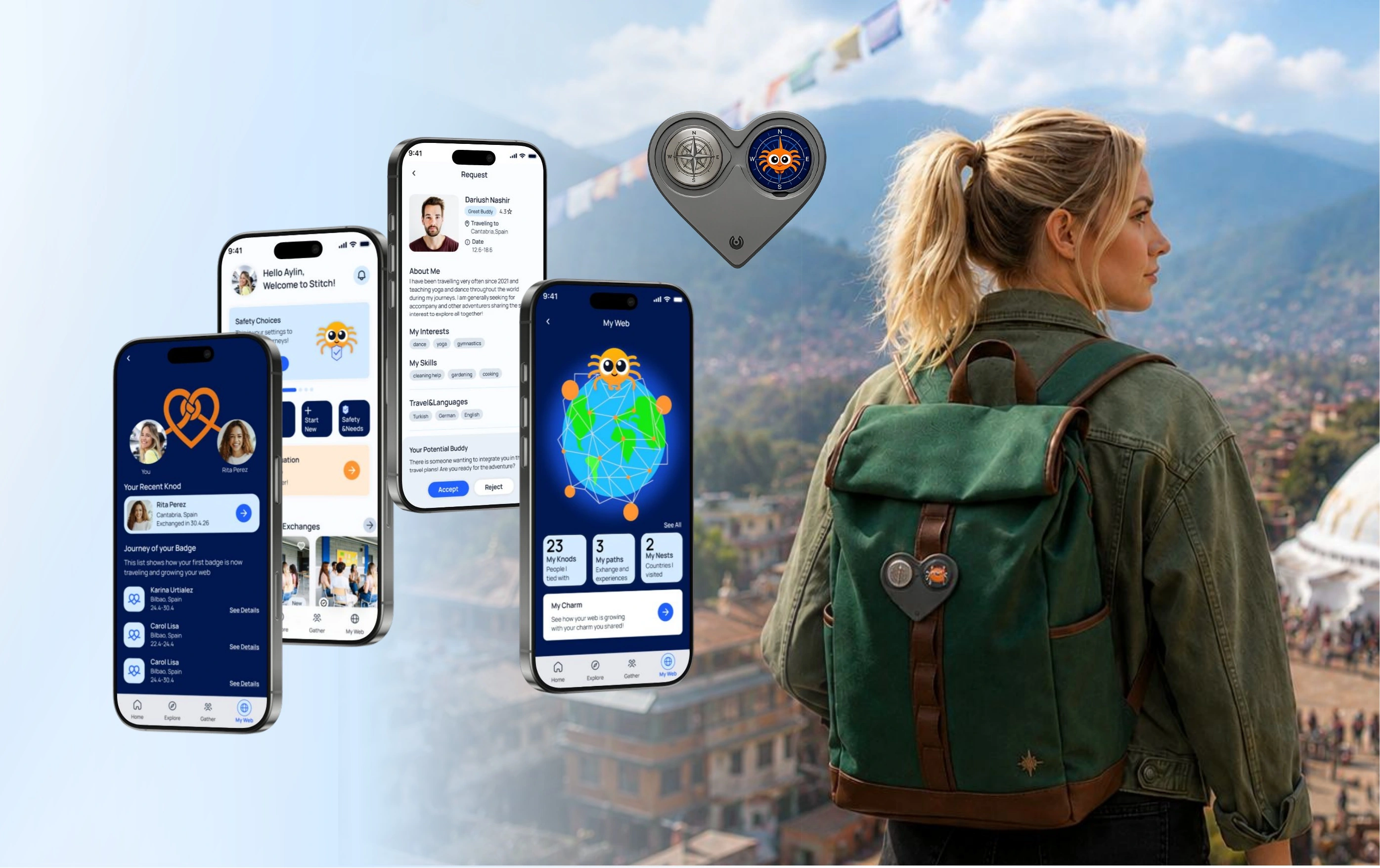 Stitch mobile application screens, Bluetooth charm and a traveler overlooking a mountain city