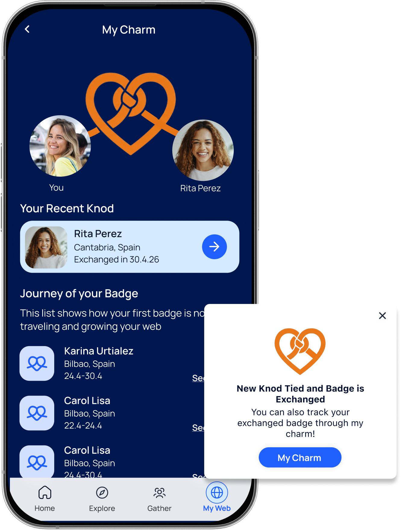 Stitch My Charm interface showing knots and exchanged badge journeys