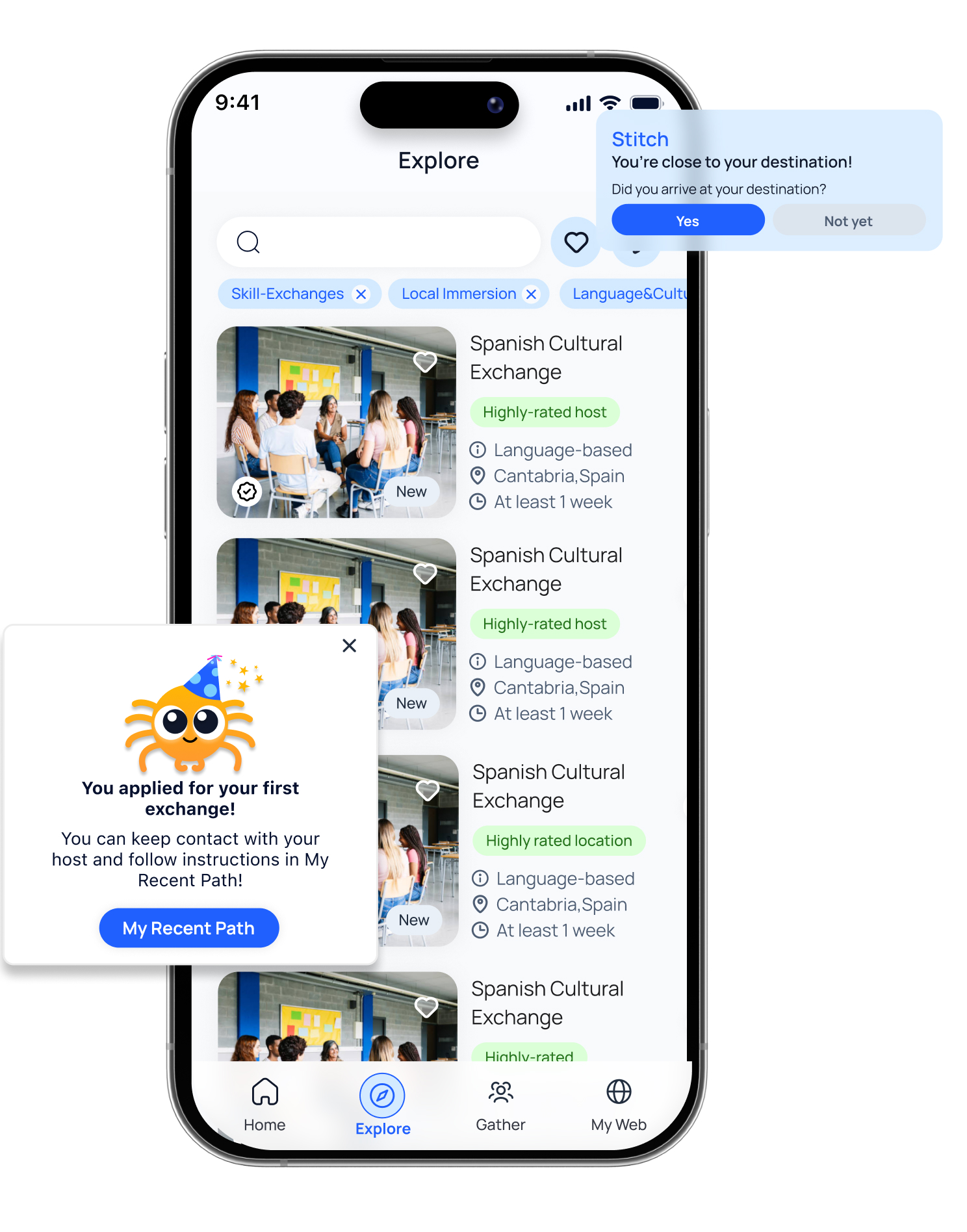 Stitch Explore interface with exchange listings and journey notifications