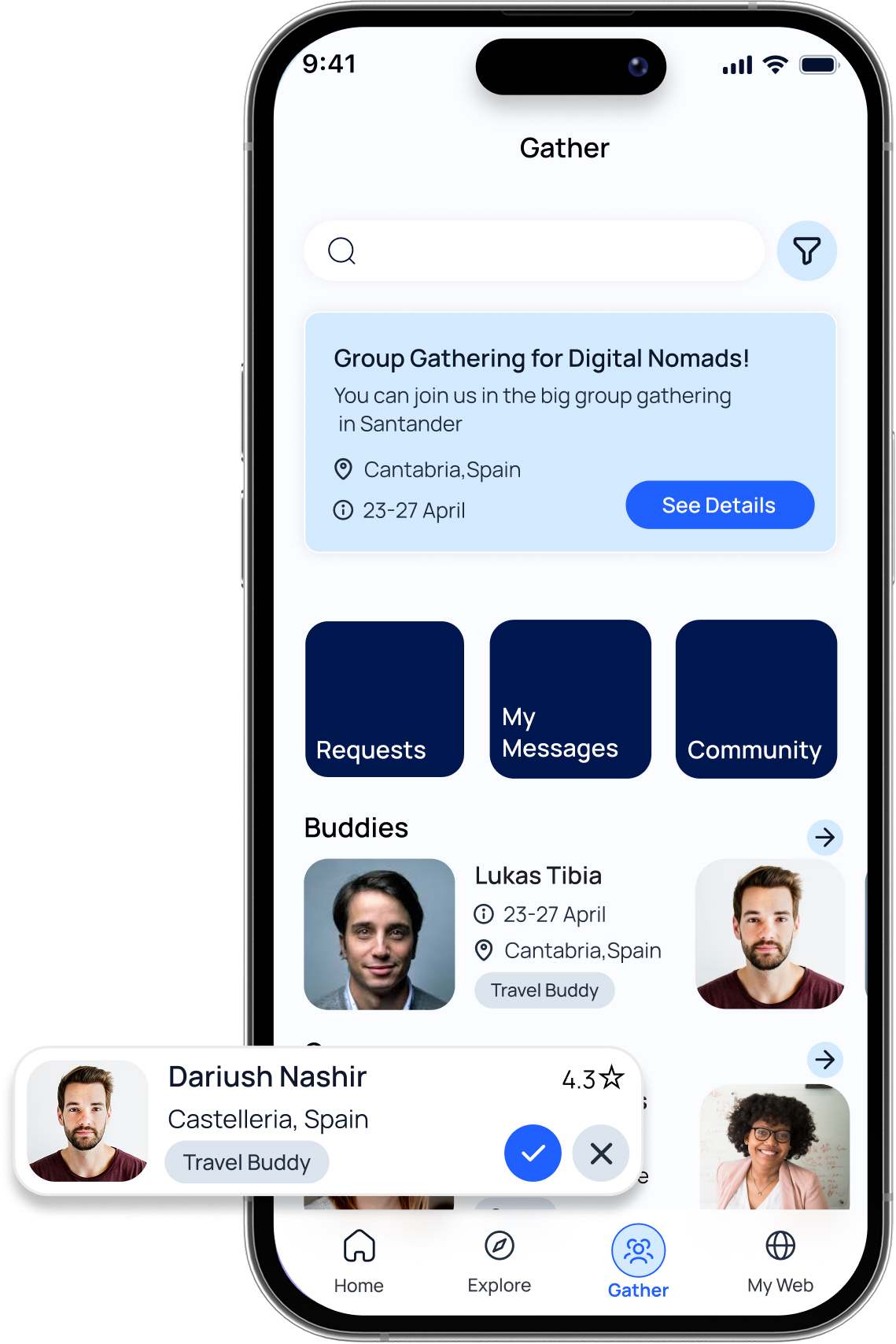 Stitch Gather interface with communities, buddies and messages