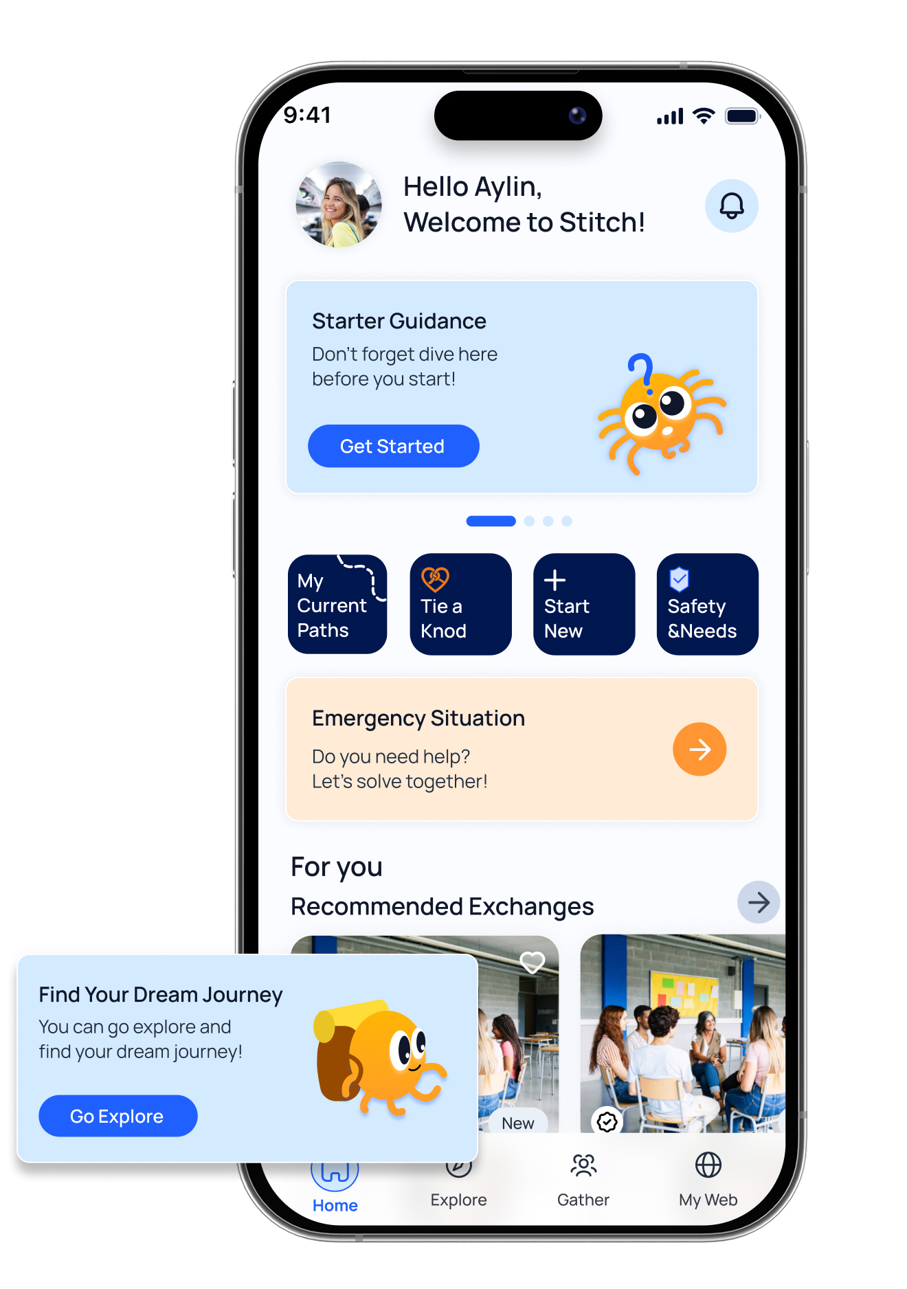 Stitch Home interface with starter guidance and recommended exchanges