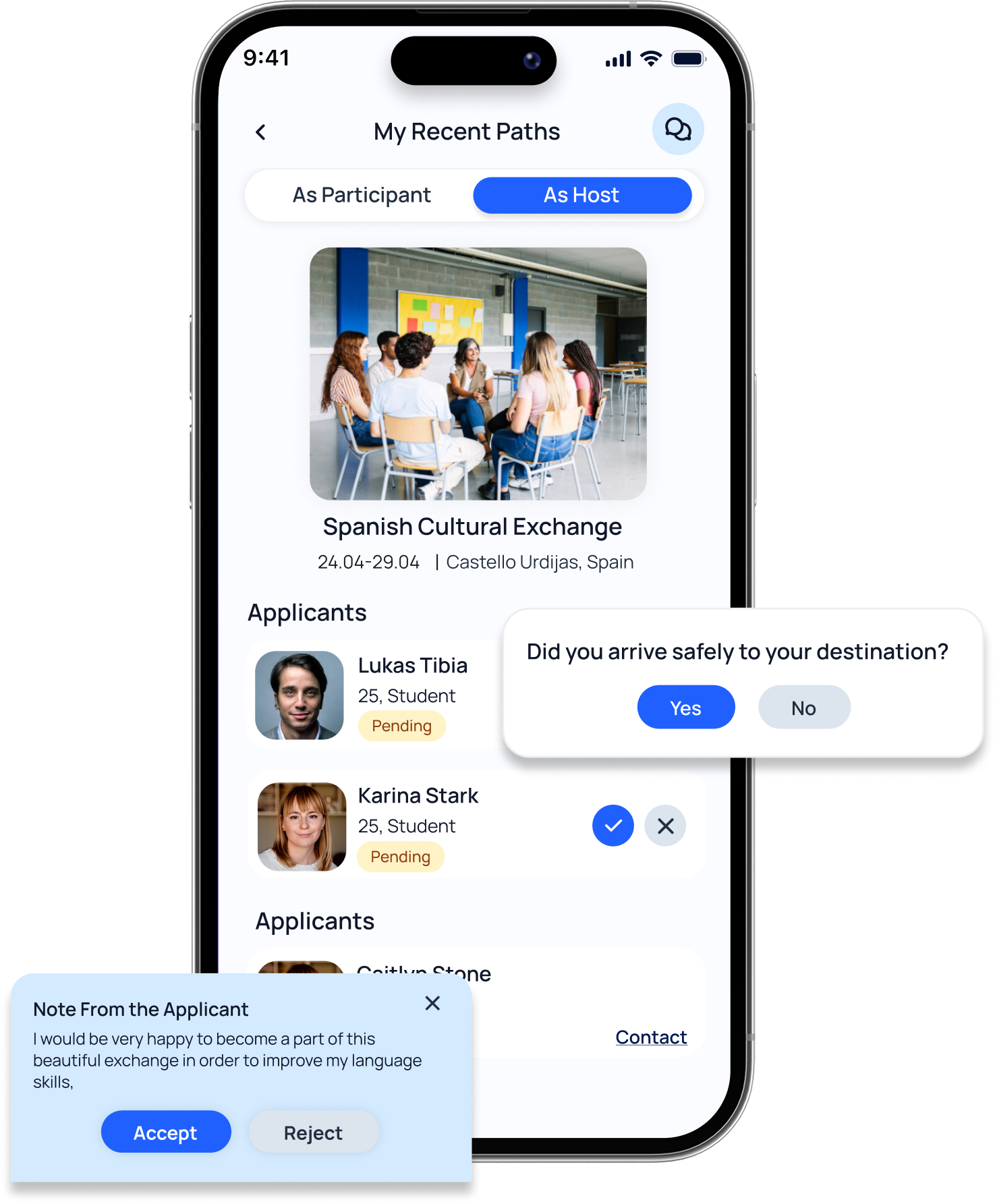 Stitch host interface with exchange applicants and safety confirmation