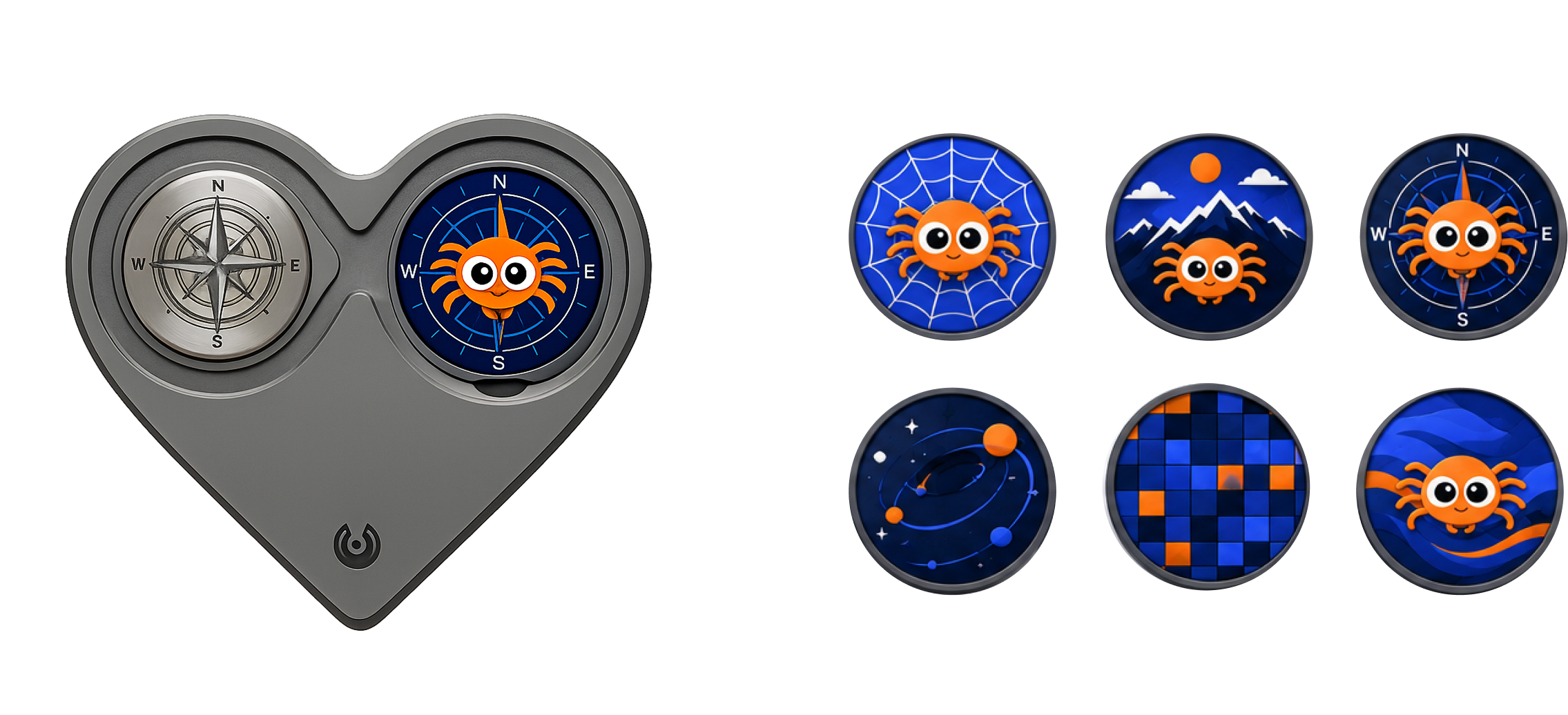 Heart-shaped Stitch charm with compass badge and six interchangeable badge designs