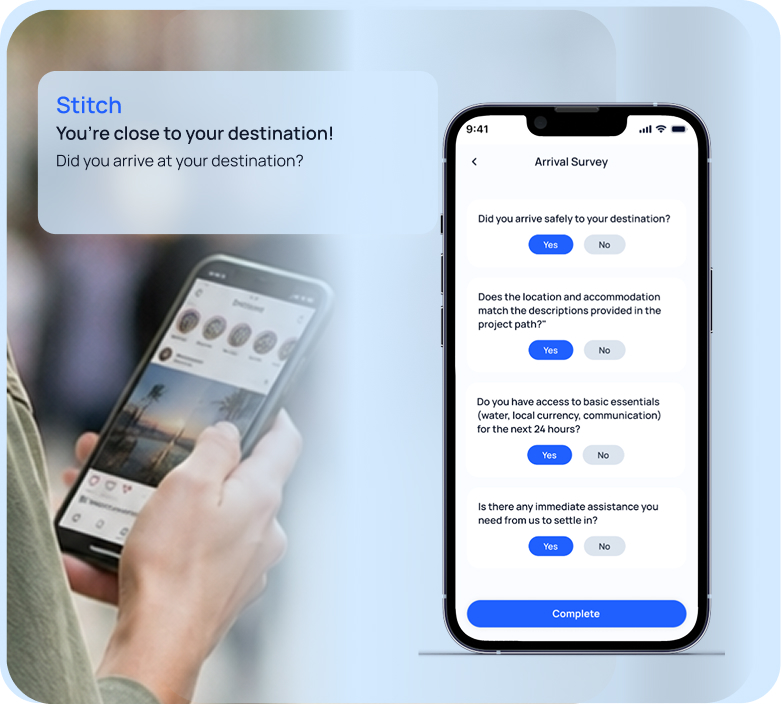 Arrival safety check in the Stitch app