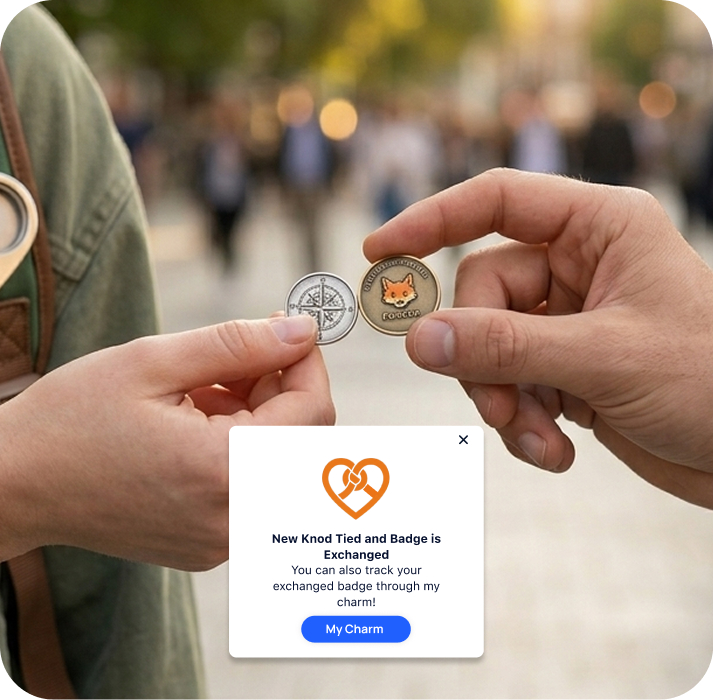 Two travelers exchange Stitch badges