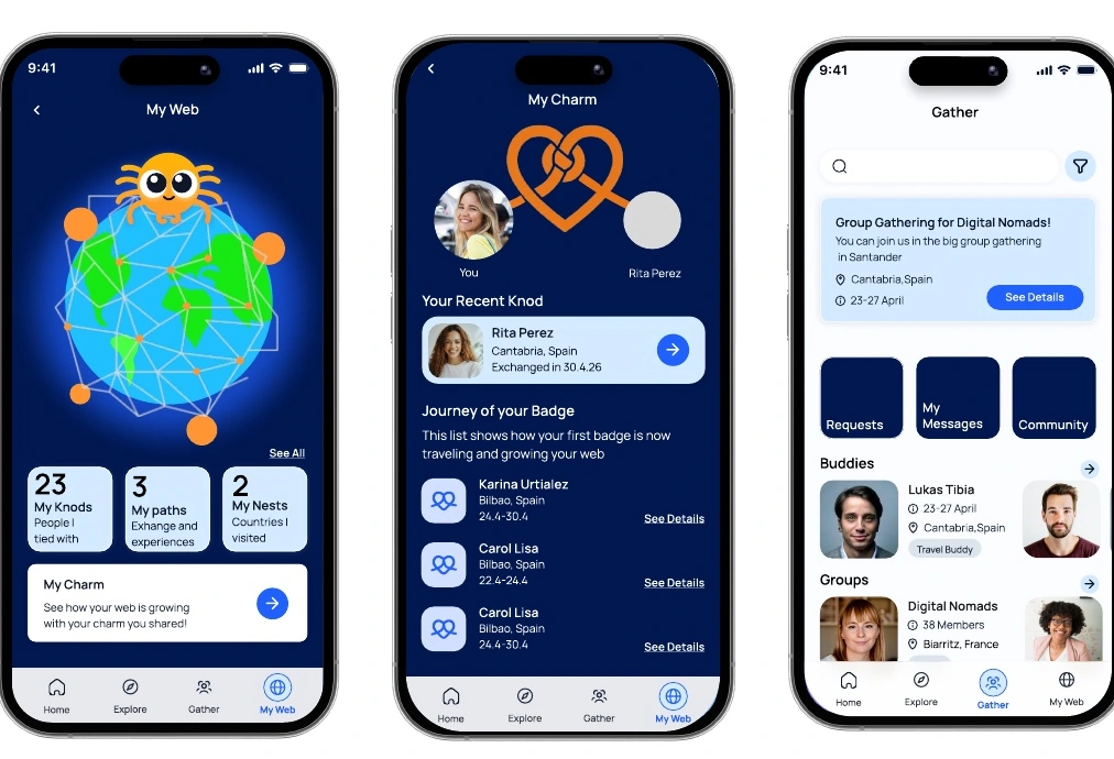 Stitch My Web, My Charm and Gather mobile screens