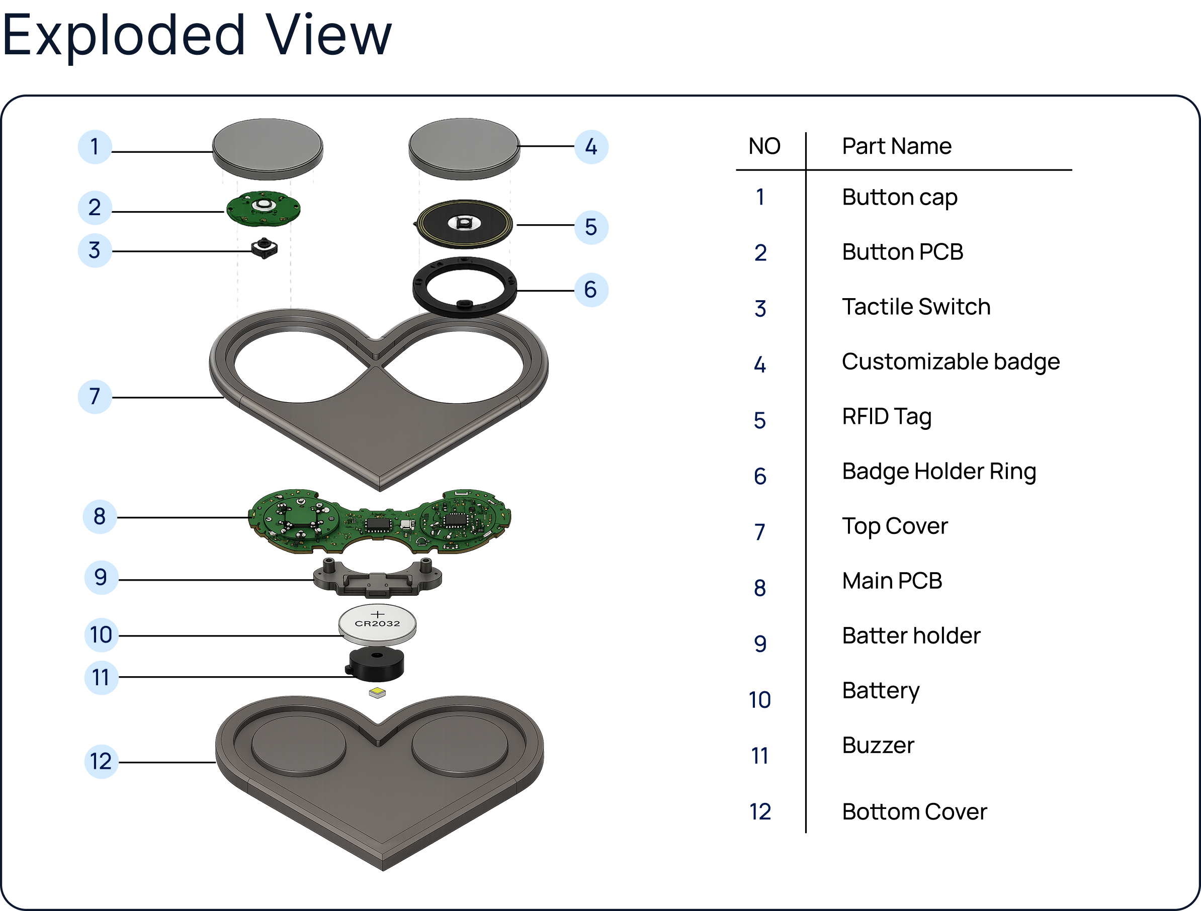 Exploded product view and parts list for the Stitch charm