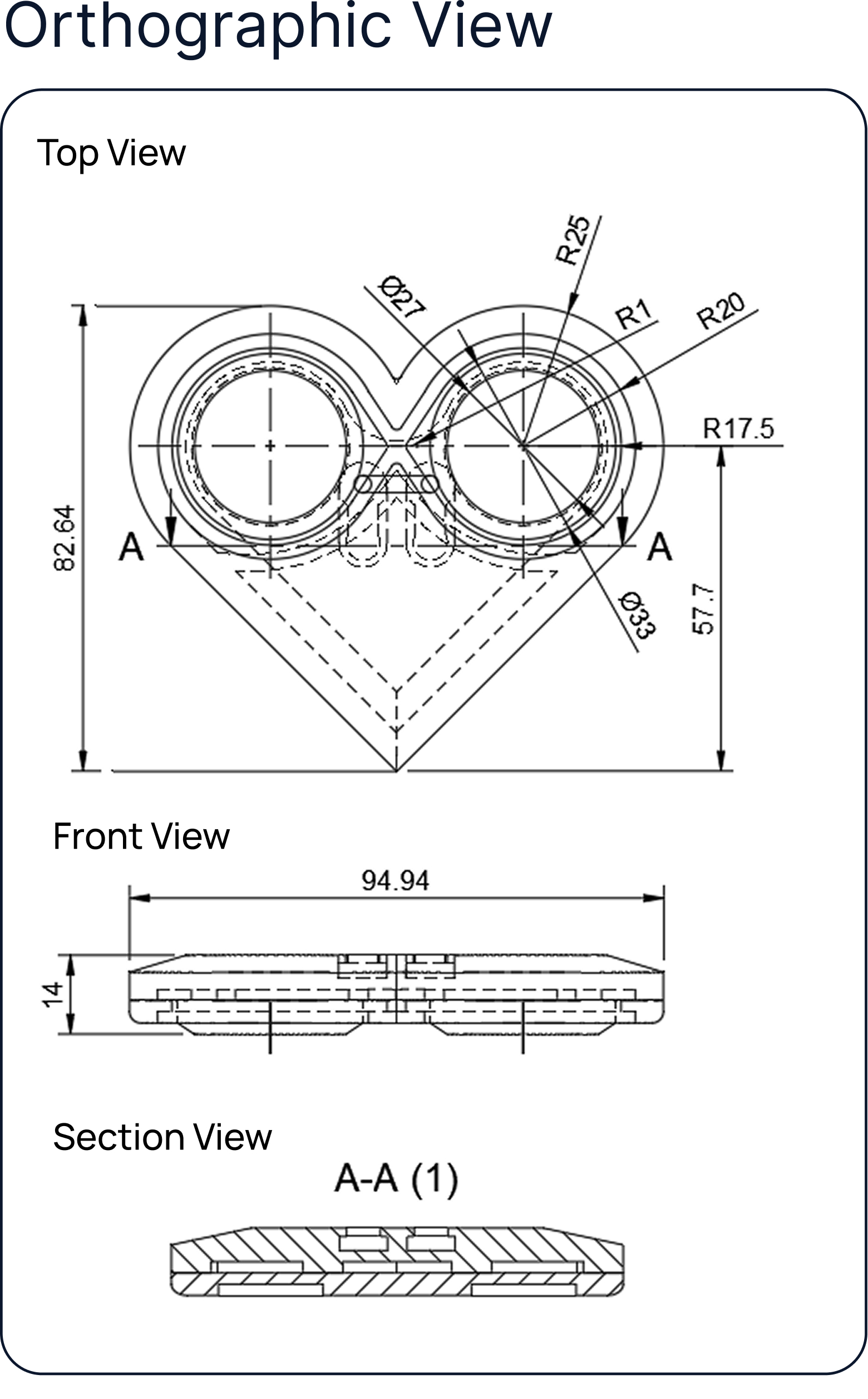 Top, front and section views of the Stitch charm