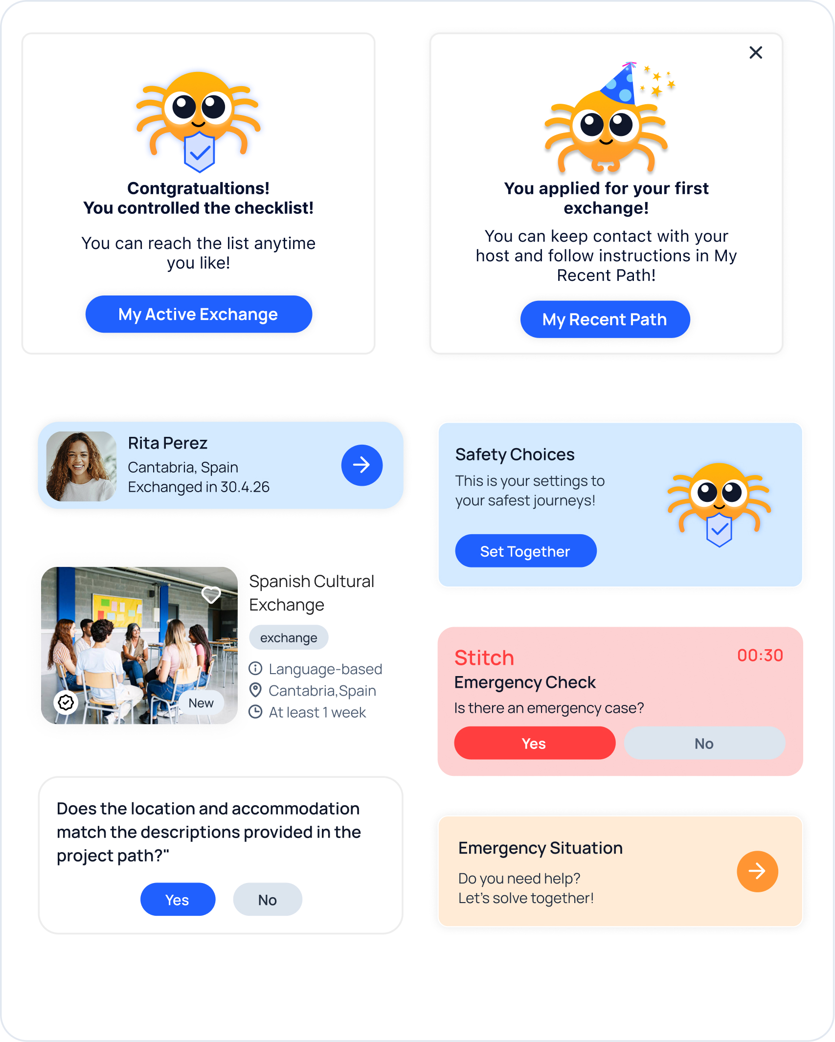 Stitch notification, journey, safety and emergency card components