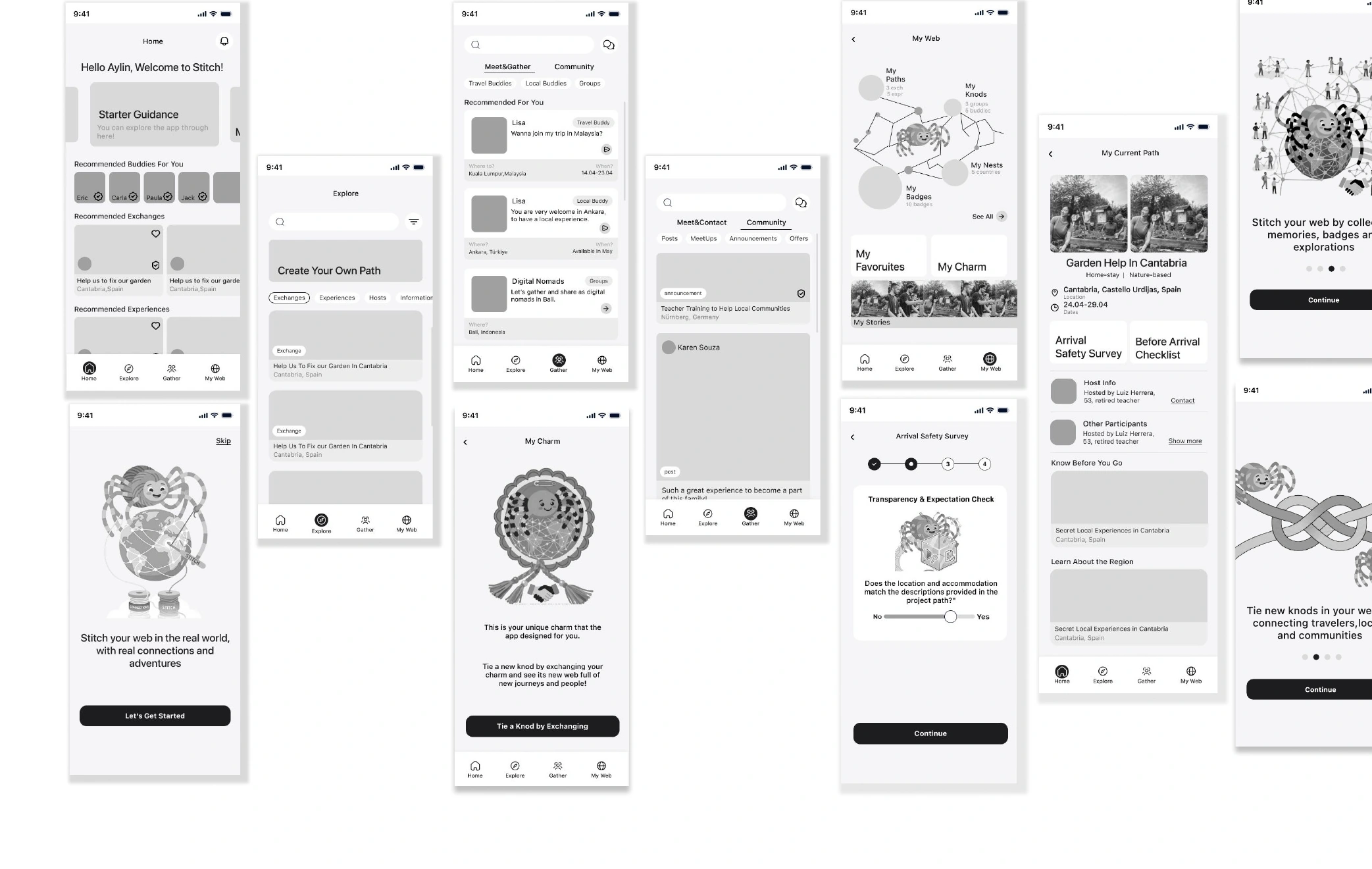 High-fidelity grayscale wireframes for Stitch